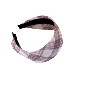Elegant plaid wide-brimmed headband for women, high-crown style in pink check pattern