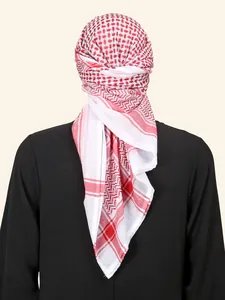 Back view of a red and white checkered jacquard Shemagh scarf on a male model.