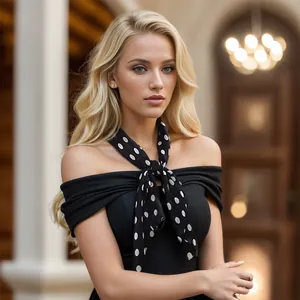 Elegant black and white polka dot chiffon scarf worn as a stylish vintage necktie.
