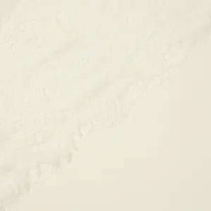 Macro detail of delicate cream soft lace fabric featuring elegant eyelash fringe edges