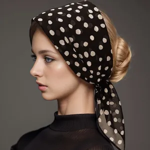 Vintage polka dot chiffon square scarf worn as an elegant head tie for women