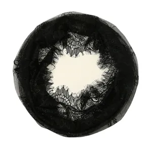 Elegant black floral lace infinity scarf with delicate mesh detailing and scalloped edges