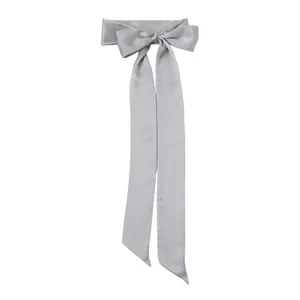 Écharpe étroite en soie gris argenté élégante nouée en ruban sur un fond blanc épuré