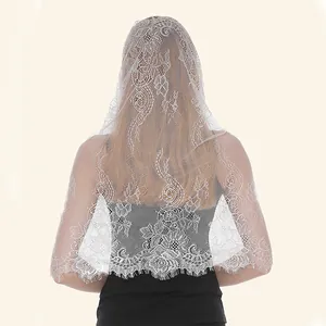 Rear view of white soft lace floral wedding veil with eyelash lace trim detail