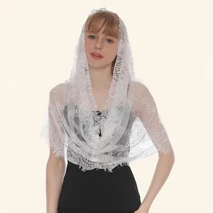 Elegant white floral lace mantilla veil shawl with delicate eyelash trim detail for wedding