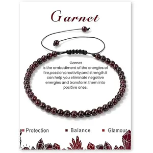 Handcrafted 4mm garnet stone beaded bracelet with adjustable cord on decorative gift card