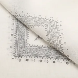 Square men's ethnic headscarf featuring grey border print on white cotton-like fabric
