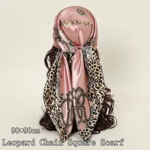 Fashion Leopard Print Chain Satin Square Scarf Baroque Style Silk Feel Headscarf Large Shawl For Women Decorative Wrap