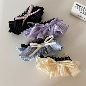 Barrette à Cheveux Nœud Plissé Style Français Double Couche Tissu Strass Pince Banane Accessoires de Cheveux Élégants pour Femmes