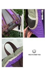 Detalle que muestra las correas ajustables y el bolsillo de malla de la mochila