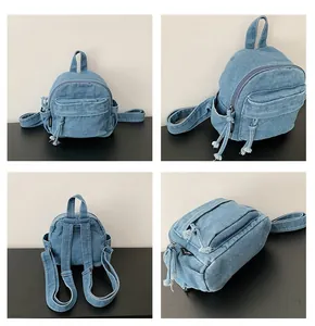 Detailed views of a light blue denim backpack with front pocket and adjustable straps.
