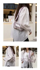 Stylish transparent PVC crossbody bag with purple chain strap shown in cafe lifestyle shots
