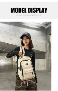 Asian model wearing a minimalist off-white casual backpack in a stylish indoor setting.