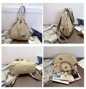 Collage di zaino beige in nylon con coulisse che mostra diverse angolazioni e grande capacità