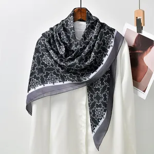 Floral Geometric Print Polyester Square Scarf For Women Rolled Edge Fashion Hijab Headscarf Versatile Shawl Wrap