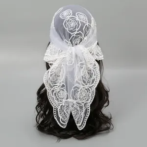 Elegant white lace embroidered square headscarf featuring rose patterns for women
