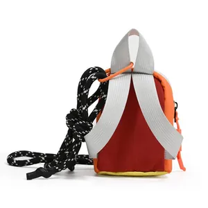 Back view of colorful mini backpack storage pouch with grey straps and paracord lanyard