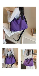 Large capacity purple checkered nylon tote bag used as a shoulder and crossbody bag
