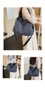 Multiple views showing the blue checkered large nylon tote bag in a library setting.