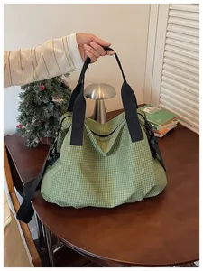 Green checkered nylon tote bag with large capacity for casual commute and daily use