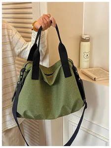 Fashionable large green checkered nylon tote bag for commuting with black straps