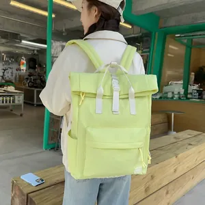 Unisex Lightweight PU Casual Roll-top Outdoor Travel Backpack Large Capacity Waterproof Fashion Daily School Daypack Bag