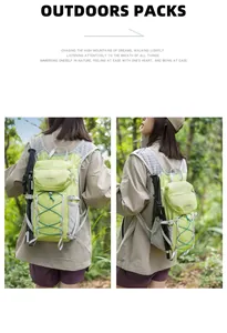 Lightweight lime green hiking backpack shown in an outdoor forest trekking scene
