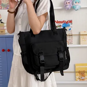 Mochila escolar negra de gran capacidad y bolso minimalista para estudiantes universitarias