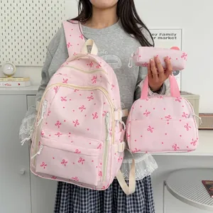 Ensemble Sac à Dos d'École en Nylon Style Scolaire Douce Imprimé Nœud Pois Grande Capacité Cartable Avec Sac Déjeuner Trousse Pour College Femmes Casual Voyage