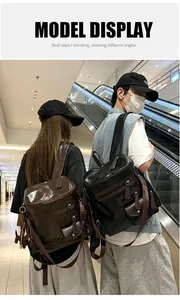 Male and female models wearing brown and black vintage motorcycle style backpacks in a mall