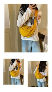 Vista multi-angolo di una borsa a tracolla gialla in nylon indossata da una modella.