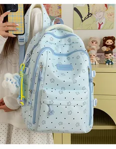 Detail view of a cute light blue Japanese style school backpack with star and dot patterns