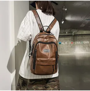 Macro detail of brown faux leather backpack worn in urban setting