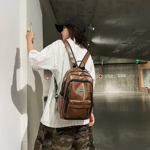 Stylish brown faux-leather backpack for girls shown in a casual lifestyle setting