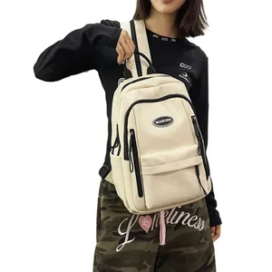 Stylish minimalist cream faux leather backpack for students and casual travel bag