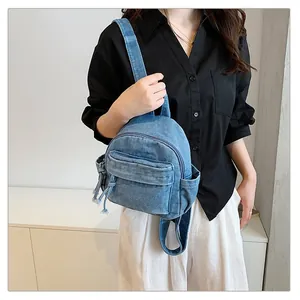 Vintage Hong Kong Style Denim Backpack For Women Large Capacity Lightweight Washed Jeans School Bag Casual Daypack For Students