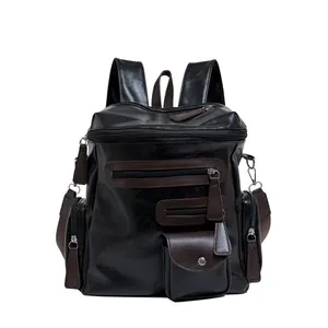 Retro black faux leather motorcycle backpack with brown accents and multiple zip pockets