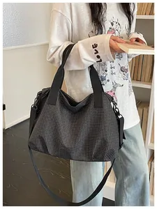 Black and white checkered nylon tote bag with large capacity for office commuting