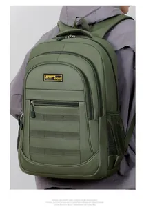 Detail of durable army green tactical backpack with multiple compartments worn by a model