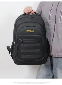 Close-up of large capacity black travel backpack for men with multiple compartments