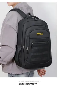 Stylish black large capacity mens backpack for outdoor travel shown on model back