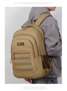 Detailed side view of a khaki large-capacity travel backpack on a male model