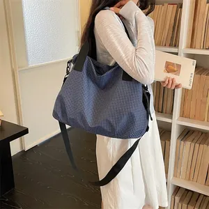 Stylish large capacity blue checkered nylon tote bag for women's daily commute and travel