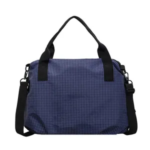 Navy blue grid nylon tote bag with adjustable shoulder strap for daily commute