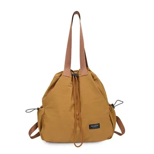 Borsa a tracolla in nylon giallo senape con coulisse, grande capacità per fitness e yoga