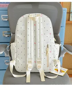Back view showing padded shoulder straps and hidden zip pocket of this cute polka dot backpack.