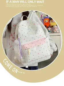 Detail of Japanese style white polka dot backpack with pink lace and bow