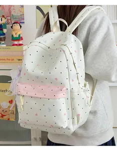 Detailed view of white polka dot backpack featuring cute bow and heart patterns