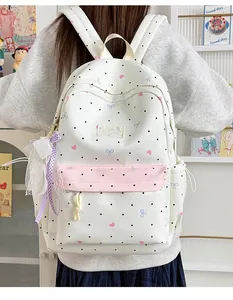 Back view of a cute Japanese style backpack with lace bows and polka dots on a model