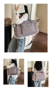 Detail of a large lavender travel bag shown from multiple angles in a lifestyle setting